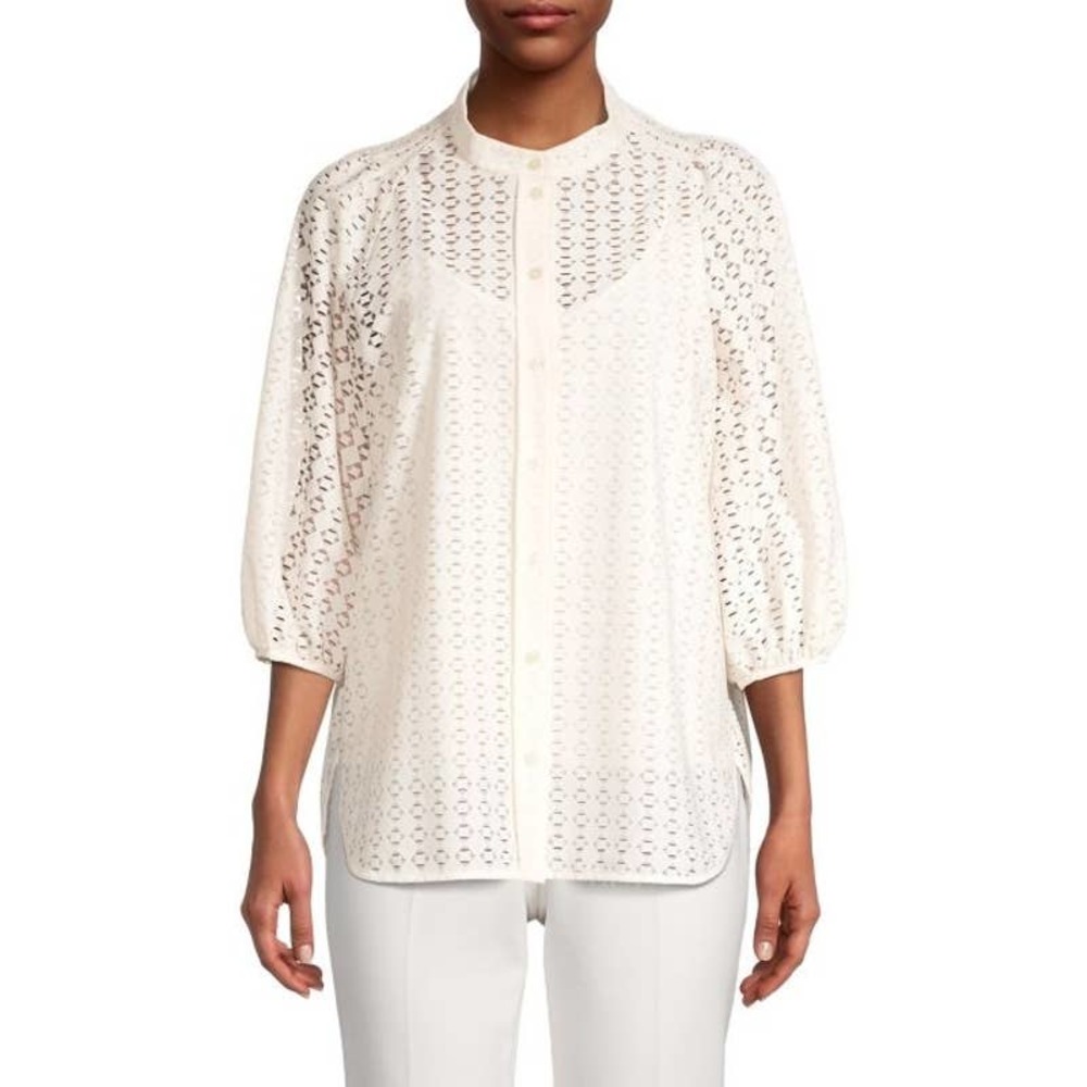 Hugo Boss Puff Sleeve Batisy Lace Button Up Shirt Blouse Open White Womens 2 NWT